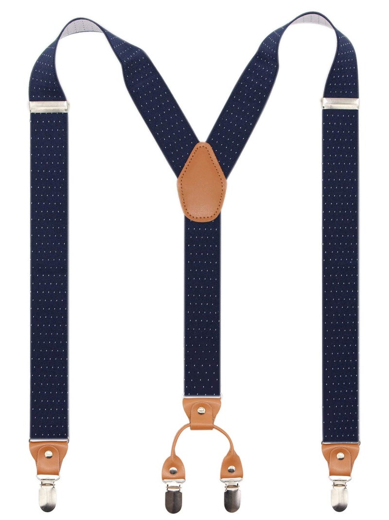 Timiot Menâ€™s Y-Back 4 Metal Clip Elastic Wide Suspenders Perfect For Both Casual&Formal (Navy Polka Dot) - Image 1